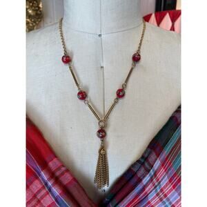 vintage 1970s beaded lariat 70s tassel necklace millefiori beads red gold sarah